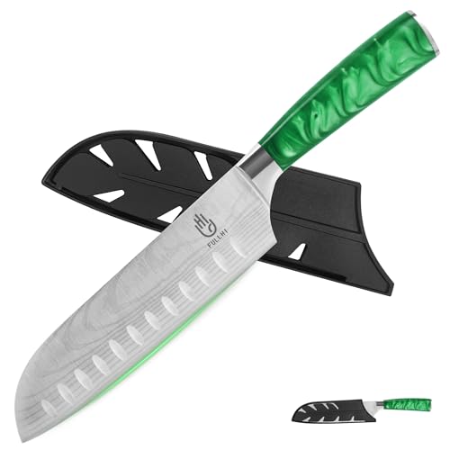 fullhi santoku messer 7 zoll mit scheide, japanisches küchenmesser grün harz