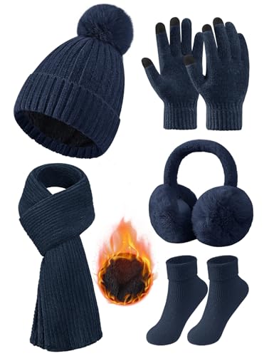 niwicee mütze schal set damen wintermütze fleece handschuhe ohrenschützer marineblau