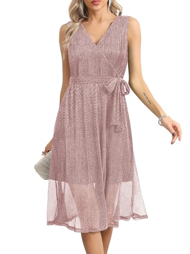 Missufe Damen Cocktailkleid Ärmellos Wickel V-Ausschnitt Glitzer mit Gürtel rosa groß
