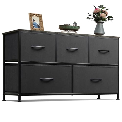 wlive kommode 5 schubladen stoff mit stahlrahmen holzkohle schwarz für schlafzimmer wohnzimmer