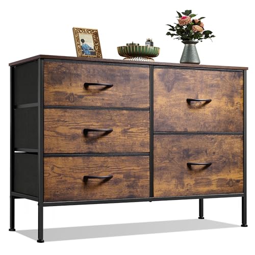 wlive kommode vintagebraun, 5 schubladen, kommodenschrank schlafzimmer wohnzimmer, stahlrahmen, holzplatte