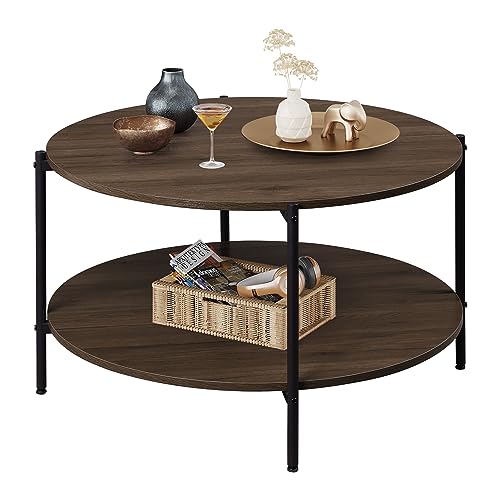 WLIVE runder couchtisch mit 2 ebenen, wohnzimmertisch holz, metallrahmen, walnuss