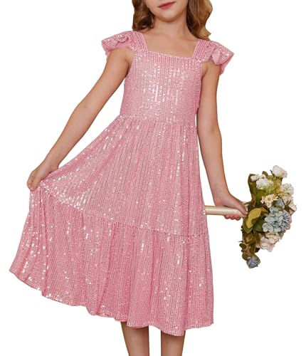 GRACE KARIN Paillettenkleid Mädchen, glitzerndes Prinzessinnenkleid A-Linie mit Flügelärmeln, rosa, 5-6 Jahre