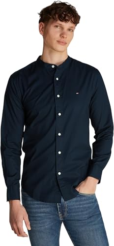 tommy hilfiger herren hemd blau mao regular fit flex poplin, desert sky, m
