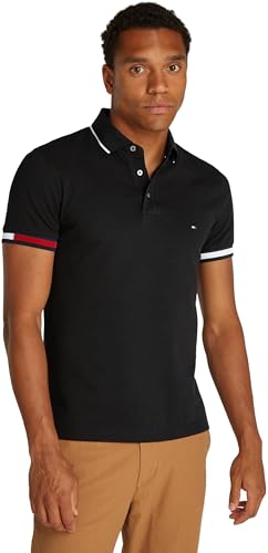 Produktbild: tommy hilfiger herren poloshirt kurzarm schwarz slim fit flag cuff, größe L