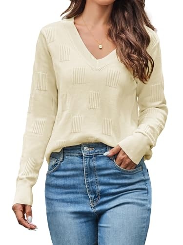 Cindeyar Damen Pullover beige langarm V-Ausschnitt Strickpullover Winter L