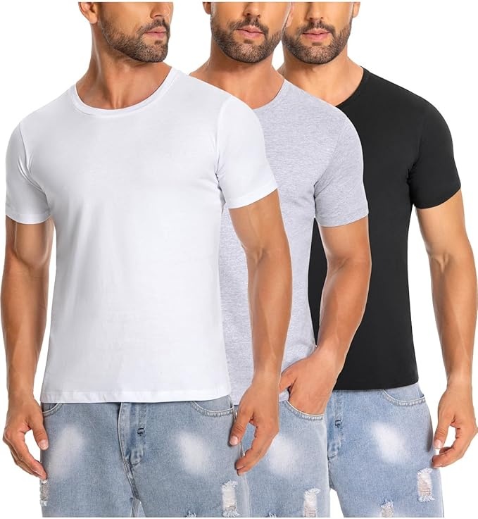 Herren T-Shirts 3er Pack Baumwolle Rundhals Kurzarm Sommer Schwarz/Weiß/Grau L