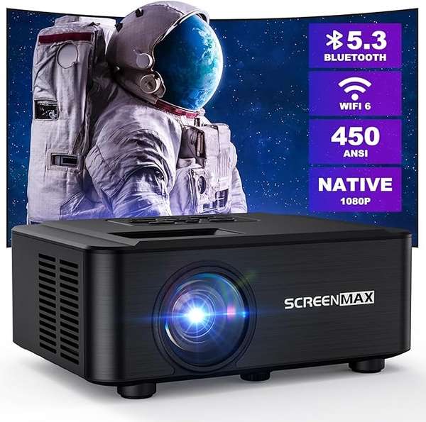screenmax beamer 1080p, 12000 lumen tragbar, wifi bluetooth, kompatibel mit iphone/android