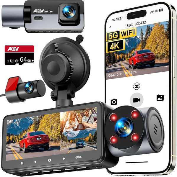 AQV Dashcam Auto 4K/2K+1080P, 3 Linsen, Infrarot Nachtsicht, 64GB SD-Karte, G-Sensor, Parküberwachung, 5G Wi-Fi