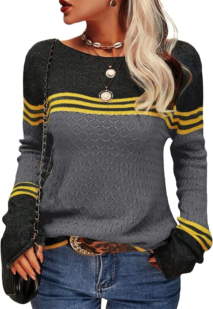 Damen Pullover Rundhals Colorblock Slim Fit Gestreift Langarm Strickpullover M Dunkelgrau