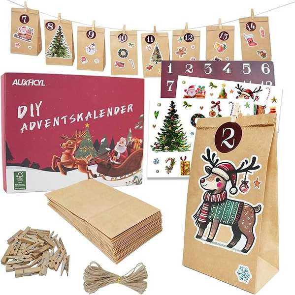AUXHCYL Adventskalender zum Befüllen, 24 Pcs DIY Tüten für Weihnachtskalender
