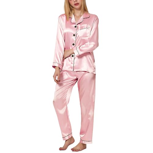 tan.tomi damen satin schlafanzug, pyjama set mit knopfleiste und v-ausschnitt