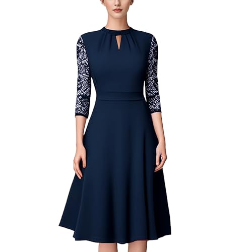 TANTOMI Cocktailkleid Damen elegant Spitze Abendkleid Hochzeit Vintage naviblau