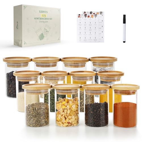 Produktbild: gewürzgläser stapelbar 180ml mit bambus deckeln, 12er set von libwys, etiketten enthalten