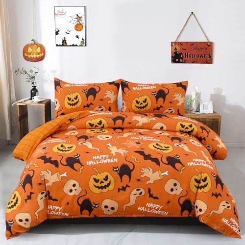 wongs bedding halloween bettwäsche 200x200 cm orange kürbis geist 3-teilig 80x80 cm