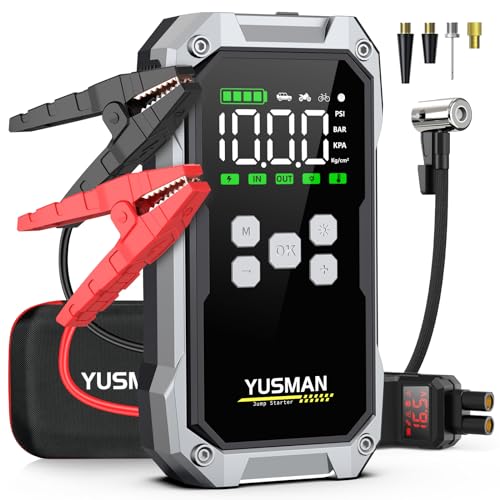 Sichern Sie sich die YUSMAN Starthilfe Powerbank: 6000A, 150PSI Kompressor, 21800mAh, 4-in-1-Funktion. Ideal für Autos und Diesel, inklusive LED-Licht und LCD-Display!