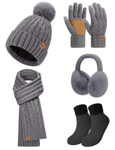 umipubo mütze schal handschuhe set damen winter strickmütze dunkelgrau