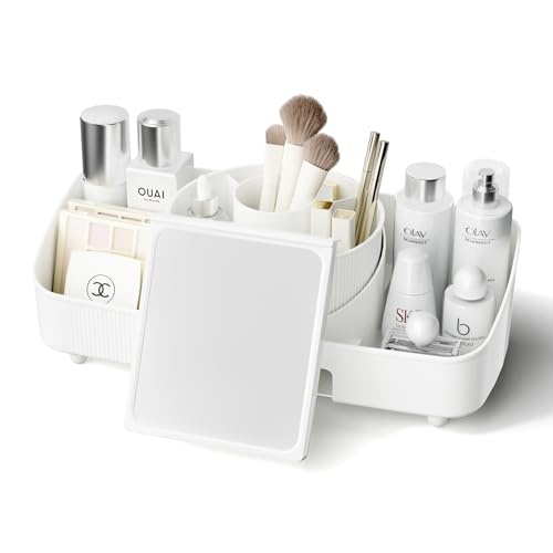 COOSEYA Make Up Kosmetik Organizer mit Spiegeln, 360° Drehbar Kosmetik Organizer, Multifunktionale Kosmetik Aufbewahrung für Frisiertisch, Bad und Schreibtisch(Helles Weiß)