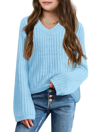 haloumoning mädchen pullover v-ausschnitt langarm einfarbig strickpullover blau 7-8 jahre