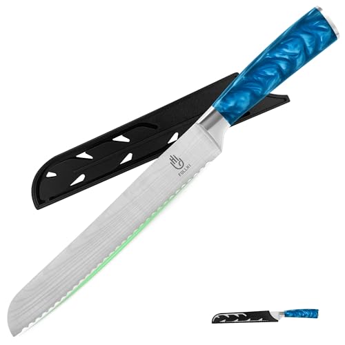 Brotmesser FULLHI 8 Zoll, japanisches Küchenmesser aus Edelstahl mit Scheide, blaues Harz
