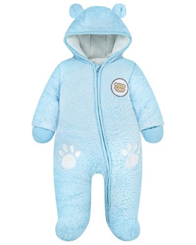 schneeanzug baby overall fleece warm mit kapuze für jungen mädchen 9-12 monate blau