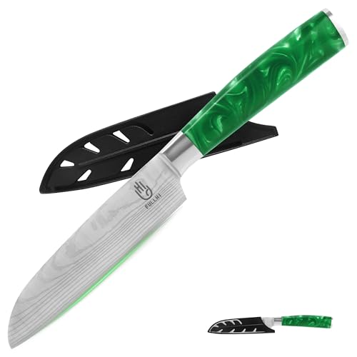 Santoku Messer 5 Zoll Edelstahl, FULLHI Japanisches Küchenmesser mit Scheide, grün