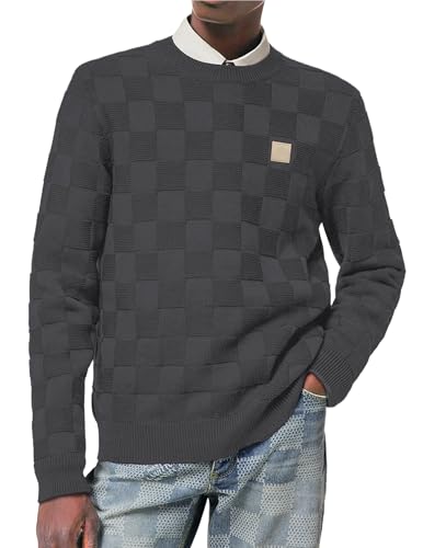 elegancity pullover herren dunkelgrau, karierter langarm rundhalsausschnitt, regular fit