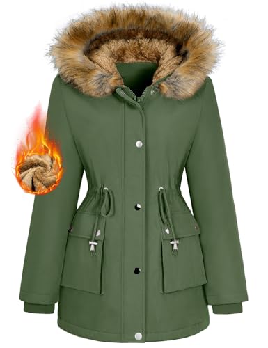 Produktbild: xdnova damen wintermantel parka fleece gefüttert wasserdicht mit fellkapuze grün, s