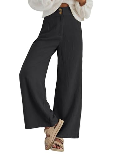 Produktbild: cordhose damen high waist weite beine freizeithose mit taschen und knöpfen dunkelgrau