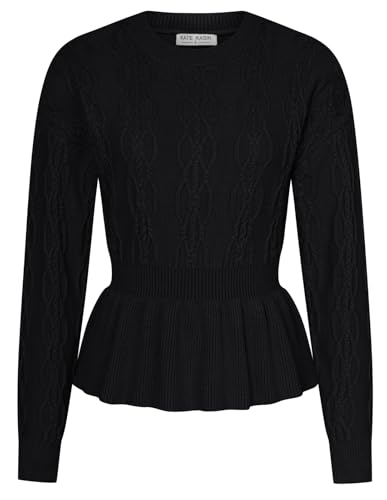 kate kasin damen strickpullover schwarz, eleganter langarm pullover mit rüschensaum, m