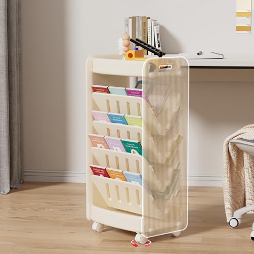 hoopyosms kinder bücherregal mit rollen, 2-seitiger bücherwagen, beige, platzsparend