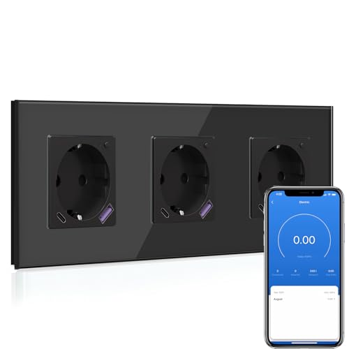 WLAN Schuko Steckdose mit USB C 20W, Smart Steckdose Unterputz, Strommessung, 3-fach schwarz
