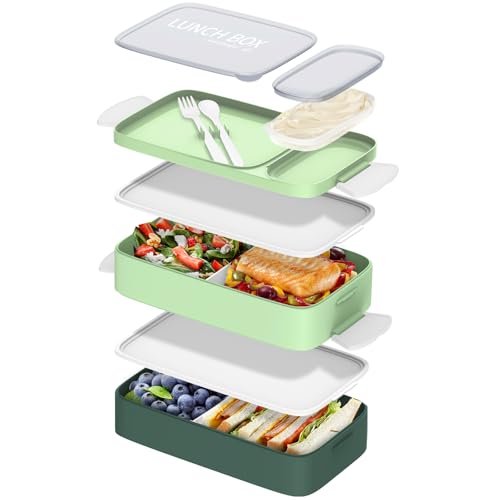 brotdose mit fächern 1600ml lunchbox für erwachsene, bpa-frei, grün, mit saucenkasten