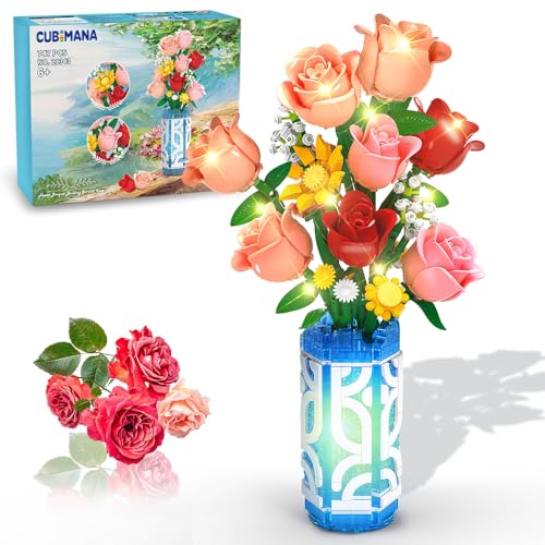 CUBIMANA blumenstrauß-bausatz mit vase und led-licht, 747 pcs mini-rosen-bausteinspielzeug