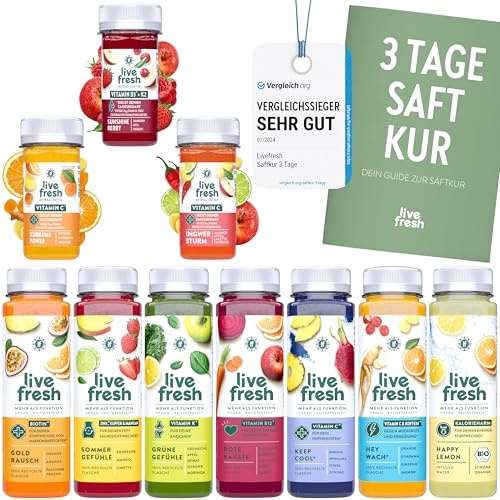 livefresh saftkur 3 tage, 21 kaltgepresste säfte, 9 shots, vegan, ohne zuckerzusatz