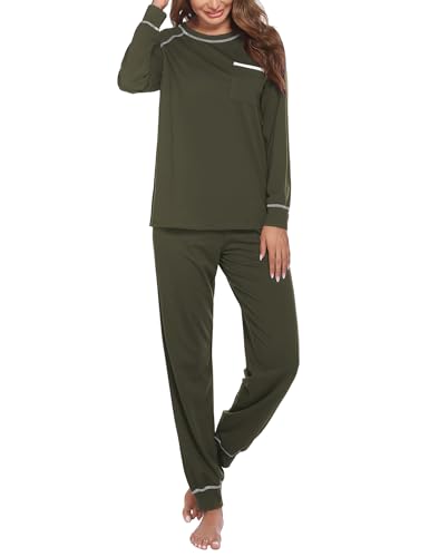 ekouaer damen schlafanzug langarm baumwolle pyjama set winter armeegrün