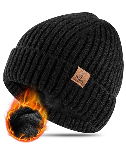 yeswel mütze herren winter, warme beanie mit fleecefutter, unisex strickmütze schwarz