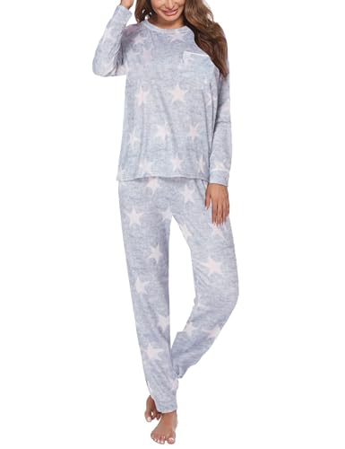 ekouaer damen schlafanzug langarm pyjama set baumwolle winter nachtwäsche hellgrau