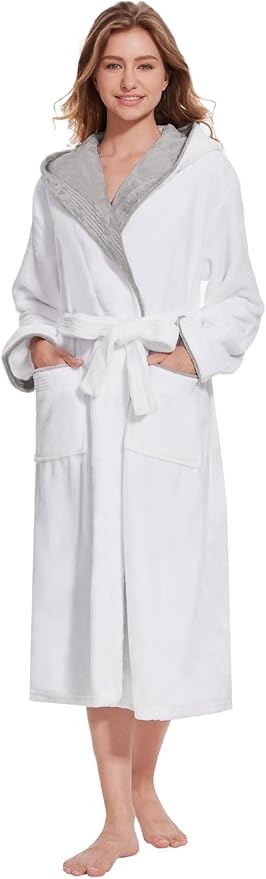 Ymmchy Damen Bademantel Fleece Kapuze Warm Lang Saunamantel Weiß L