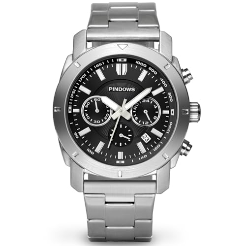 pindows herren armbanduhr mit diamanten, analog, wasserdicht, datumsanzeige, edelstahlarmband