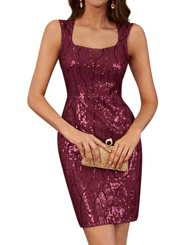 grace karin knielanges bodycon kleid ärmellos quadratisches hals pailletten weinrot 38