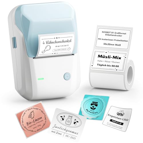 NIIMBOT B1 Etikettendrucker Bluetooth, Wasserfeste Selbstklebende Etiketten, Blau