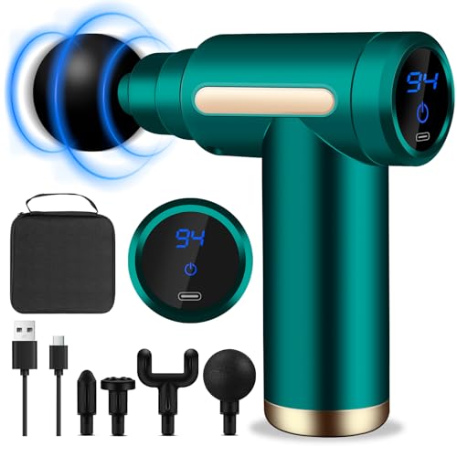 aqxong mini muscle massage gun, tragbare massagepistole mit lcd-display, 6 geschwindigkeiten, 4 köpfe, leise 45 db, wiederaufladbar, grün