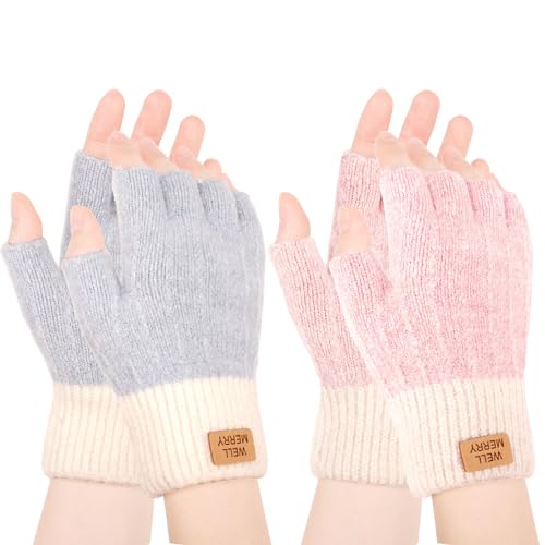 lvefyti fingerlose handschuhe damen 2 paar halbfinger handschuhe winter hellrosa beige hellviolett