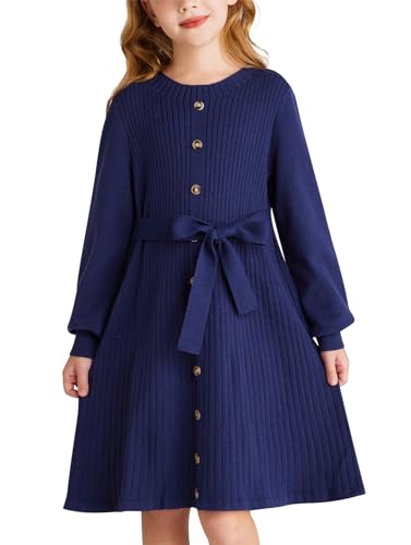grace karin mädchen strickkleid navy blau knielang für herbst winter 7-8 jahre