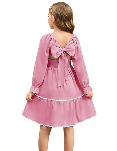 Frühling Swing Kleid Mädchen, einfarbig rosa, elastische Taille, Stufenkleid, 6-7 Jahre, Freizeitkleid, komfortabel