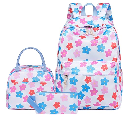Rucksack für Mädchen LOIDOU Schulranzen Set mit Lunchpaket und Federmäppchen Blau-Blumen