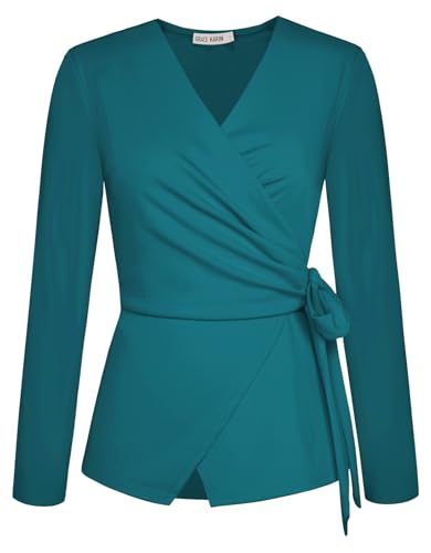 GRACE KARIN Damen Bluse Langarm V-Ausschnitt Wickel Tunika XL Grün Blau für Hochzeit, Business, Elegant