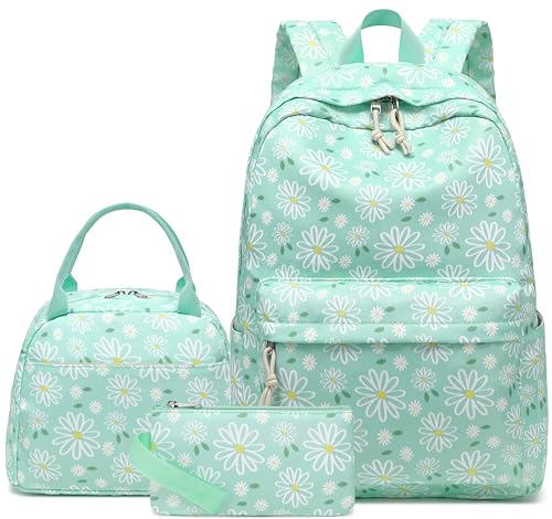 Rucksack für Teenager Mädchen LOIDOU Kinderrucksack Schulranzen Set mit Lunchpaket, Federmäppchen, grün-blumen