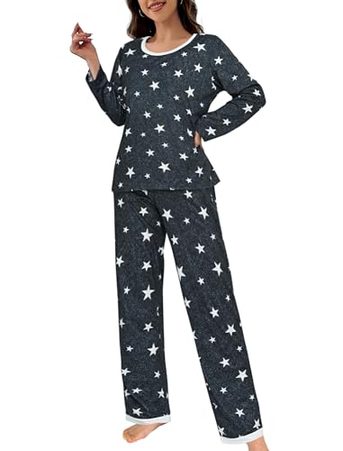 evolyline damen schlafanzug lang pyjama set rundhals nachtwäsche loungewear 2-teilig